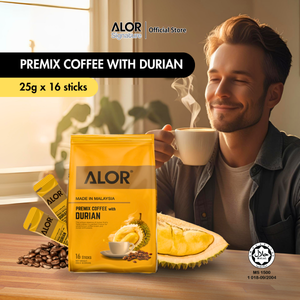Café blanc malaisien ALOR Premium (25g x 16 sachets) Certifié Halal GMP ISO22000 Poudre de cappuccino au durian Saveur de fruits sucrés - Product Image 2