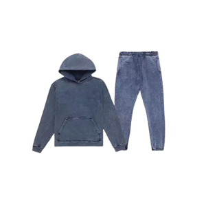 Blue <b>Grey</b> Acid Washed Hoodie Tracksuit <b>Men</b> Vintage Fleece Pullover <b>Sweatshirt</b> Jogger Pants Set Casual Streetwear Winter Outfit - Product Image 1