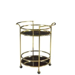 Cadre à 2 étages en métal poli miroir brillant de finition de couleur argentée avec plateau en bois de forme ronde chariot de service pour aliments et autres articles - Product Image 5