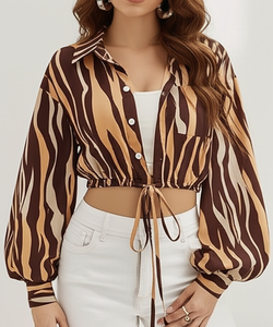 Women's Striped Balloon Sleeve Blouse Shirt Collar Loose Fit With Pocket And Tie Waist Casual <b>Top</b> Full Sleeve Chiffon Material - Product Image 3