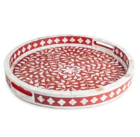 Plateau rond jaune d'incrustation d'os de motif floral avec la frontière de diamant, accent décoratif de maison, disponible aux prix de gros. - Product Image 5