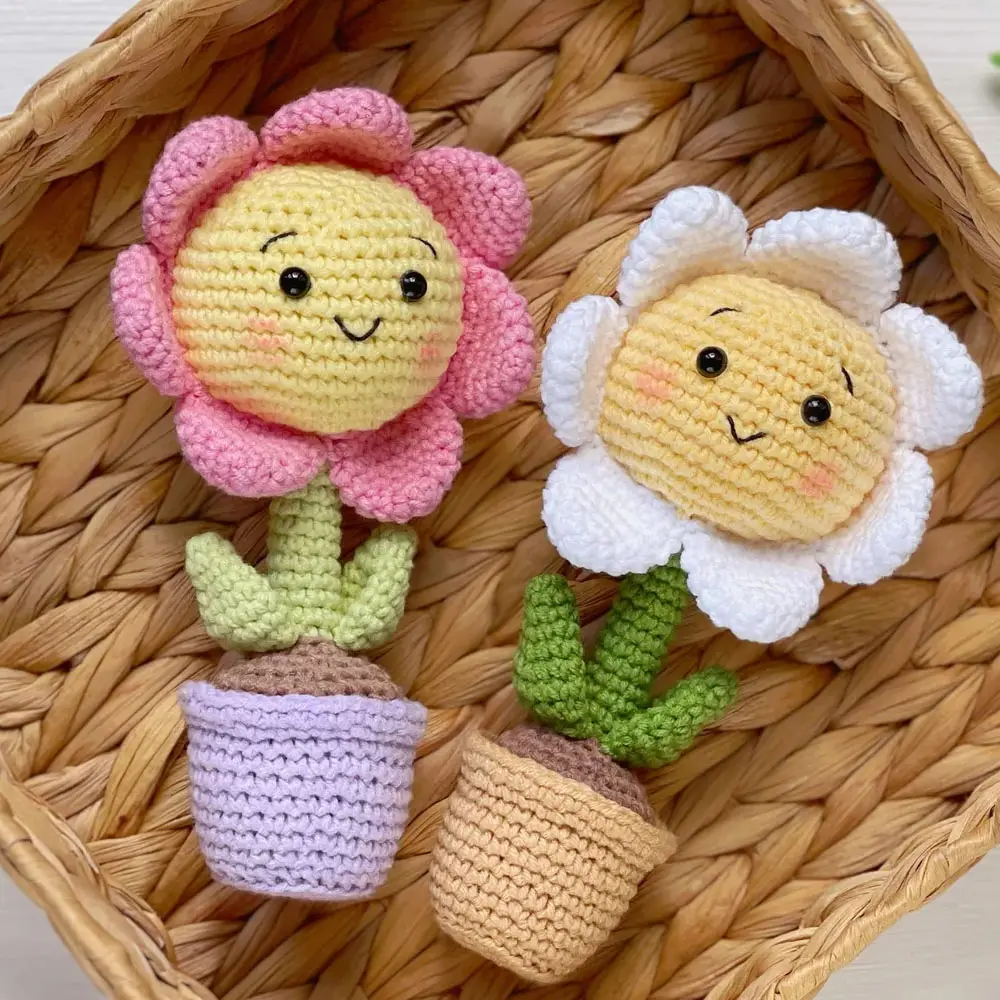 Vaso de flores de crochê amigurumi, brinquedo artesanal personalizado, presente para bebês recém-nascidos