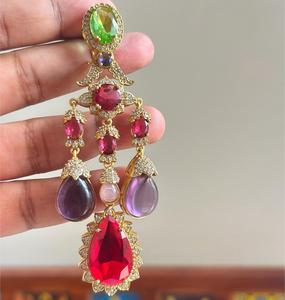 Boucles d'oreilles plaquées or de qualité supérieure, style traditionnel, ornées de pierres, pour les mariages et les fêtes, pour femmes et filles - Product Image 3