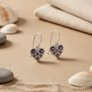 Pendientes Colgantes de Corazón con Amatista y Baño de Oro de 18K para Mujer, Regalos para Bodas y Fiestas - Product Image 3