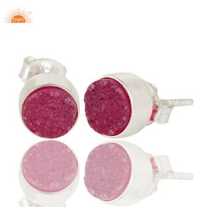 Boucles d'oreilles à clous en argent 925, boucles d'oreilles rondes en pierre précieuse, druse rose, fabricant de bijoux fins, vente en gros - Product Image 4