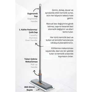 Serpillère plate à une touche avec manche télescopique et mécanisme de verrouillage automatique du chiffon, conception ergonomique pour un nettoyage domestique facile - Product Image 4