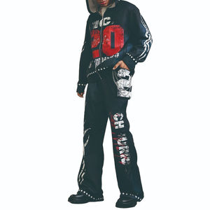 High Quality Winter Woven 100% Cotton Fleece Oversized <b>Zip</b> Pocket Drawstring <b>Hooded</b> Straight Wide Leg Vintage Man Tracksuit Set - Product Image 1