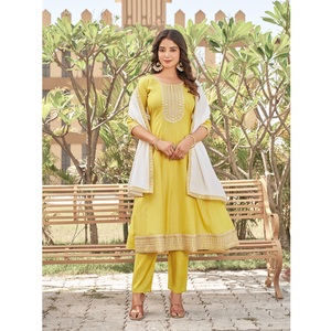 Mejor diseño listo para usar tradicional mujer plata Crunch Kurta pantalón Vichitra Dupatta traje elegante trabajo fiesta desgaste hasta la rodilla - Product Image 1