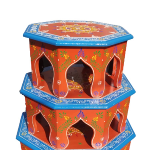 Peinture à la main à huit côtés décoratifs Pooja Chowki en laiton ensemble de 3 Chowki pour Temple à la maison - Product Image 3