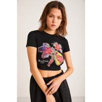 ETHIQUET JESS Kaos Crop Wanita dengan Detail Motif Bunga dan Lengan Pendek serta Kerah Bulat