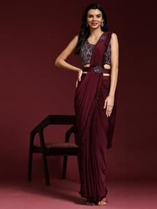 El último Sari de secuencia de seda de gasa de diseñador listo para usar de Fab Zone - Product Image 4