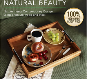 Plateau de service en bois d'acacia rectangulaire décoratif fait à la main de qualité durable pour l'hôtel et le restaurant - Product Image 2