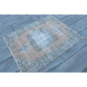 Alfombra Turca de 3.6x4.4 pies, Alfombra Vintage, Alfombra de Lana Azul Sólida - Product Image 3