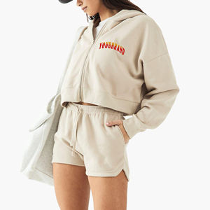 ชุดกางเกงขาสั้นลำลองสำหรับผู้หญิงมาใหม่ชุดกางเกงขาสั้นผ้าฝ้าย100% มีฮู้ดปรับแต่งโลโก้ได้สีล้วนแบบซิป - Product Image 1