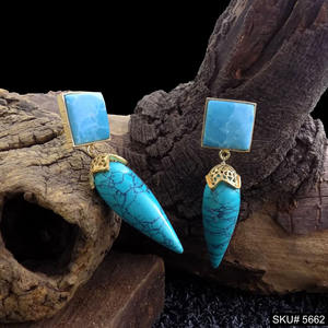 Marvelous Turquoise <b>Gold</b> Plated <b>Earring</b> 18k <b>Gold</b> Plated Brass Jewelry for Engagement <b>Vintage</b> Style Dangle <b>Earrings</b> - Product Image 1