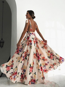 Elegante Vestido Maxi de Gasa con Estampado Floral, Cuello en V, Sin Mangas, Corte en A, Largo hasta el Suelo, Vestido Formal de Noche, Estilo Romántico - Product Image 5