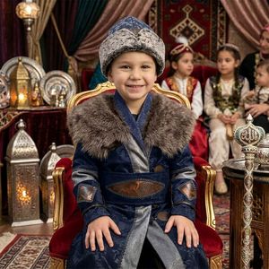 Traje Tradicional Otomano Ertugrul Gazi para Niños con Cuello de Piel - Azul Oscuro, Traje Turco para Circuncisión, Caftán Real, Boda - Product Image 5