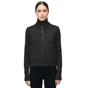 Veste d'hiver moderne à manches extensibles à col montant avec fermeture éclair intégrale sur le devant en mélange de polyester/laine écologique en tricot hybride noir - Product Image 3