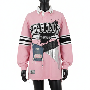 Maillot de rugby pour homme de qualité supérieure, 240 GSM, coton et polyester interlock, panneau contrasté rose, logo appliqué personnalisé, évacuation de l'humidité - Product Image 6