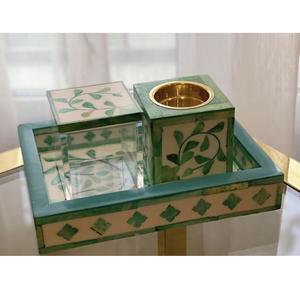 Prix usine indien incrustation d'os bleu/blanc Logo personnalisé plateau incrustation de résine ensemble de porte dérobée arabe plateau de boîte ensemble de brûleur d'encens - Product Image 2