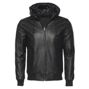 Chaqueta Bomber de Cuero de Oveja Negra Clásica para Hombre, Fabricada en Fábrica OEM, Transpirable, con Capucha, de Alta Calidad, Talla Grande, con Cierre, MOQ Bajo - Product Image 1