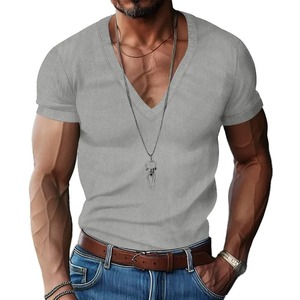 Camiseta de Verano para Hombre, Estilo Europeo y Americano, Cuello en V, Color Sólido, Corte Ajustado, Informal, de Alta Calidad - Product Image 5