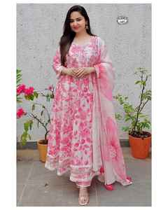 Nouveau Designer Party Wear Rose Clair Floral Main Bloc Imprimé Anarkali Avec Dupatta Pantalon Ensemble En Gros Vêtements Ethniques De L'exportation - Product Image 6