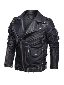 Chaqueta de Cuero de Oveja Genuino para Hombre, Cuello Alto, Cremallera Completa, Tela de Lona Transpirable, Resistente al Viento, para Motocicleta - Product Image 2