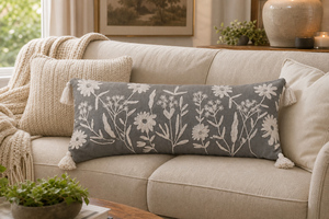 Funda de Almohada Lumbar de Algodón Bordada a Mano con Flores Silvestres Grises, Funda Decorativa Larga para Cojín con Borlas para Sofá - Product Image 4
