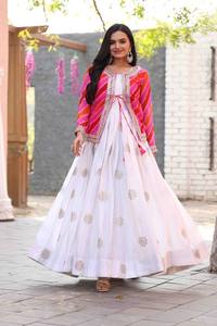 Veste légère en coton Leheriya avec tenue de robe en crêpe fluide vêtements indiens pakistanais broderie travail fêtes d'été soie - Product Image 4