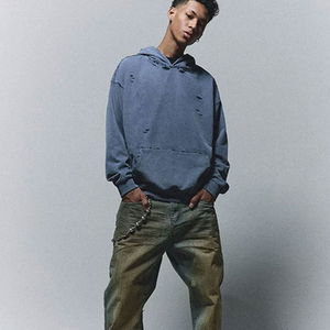 Sudaderas con capucha desgastadas mezcladas de algodón básicas transpirables personalizadas para hombre, ropa de calle de algodón de alta calidad, sudaderas con capucha desgastadas para hombre - Product Image 3