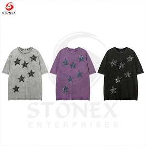 T-shirt personnalisé en coton épais lavé à l'acide Streetwear Chemise à broderie d'appliques en détresse T-shirt pour femmes T-shirt en détresse - Product Image 4