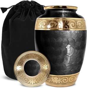 Luxury Modern Black Metal Cremation <b>Urn</b> with Gold Embossing Decorative <b>Urn</b> & <b>Jar</b> for Human Ashes - Product Image 1