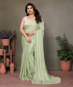 LUXE POLYESTER ZARI UNI SAREE AVEC BRODERIE TRAVAIL NON COUDU CHEMISIER VÊTEMENT DE FÊTE PRIX DE GROS VÊTEMENT ETHNIQUE PISTA - Product Image 1