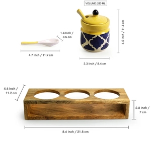 <b>Moroccan</b> Hand-Painted Ceramic Pickle & Chutney Jar Set With Spoons & Wooden Holder Non Air-Tight Set Of 3 Ceramic Condiment Pot - Product Image 6