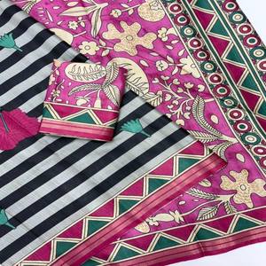 Sari de Seda Suave VASTRA COTTAGE con Estampados a Rayas, Borde Tejido con Zari, Estampados Kalamkari en el Pallu y Blusa en Contraste - Product Image 4