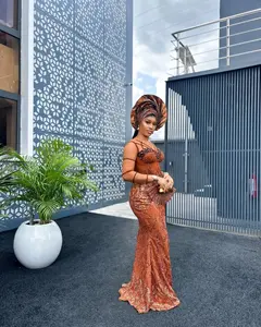 Vestido de noche de sirena naranja quemado personalizado de lujo para mujer estilo africano con cuentas diadema cintura Natural hasta el suelo transpirable - Product Image 5