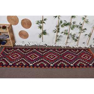 Turkish 2.9x10.6 ft Rug, <b>Runner</b> Vintage Rug, <b>Red</b> Blue Check Wool Rug - Product Image 2