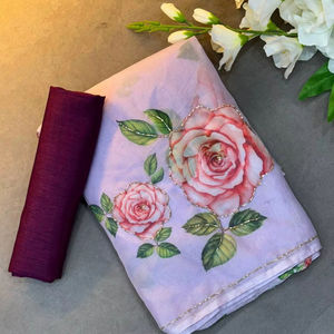 Colección de Sari de impresión digital con diseño de patrón floral con tela Tabi suave y trabajo manual de perlas para fiestas y festivales - Product Image 1