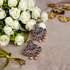 Pendientes de tuerca de piedra blanca y azul oxidada de alta calidad, joyería de moda étnica tradicional más vendida del proveedor indio directo - Product Image 1