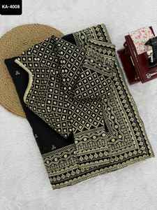 Sari Indio de Seda Negra con Lentejuelas y Bordado de Hilo para Fiestas, Sari Económico con Piezas de Blusa con Trabajo de Lentejuelas - Product Image 4