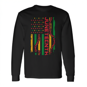 Maglietta Juneteenth con bandiera americana a maniche lunghe, girocollo nero, design promozionale unisex per adulti - Product Image 3