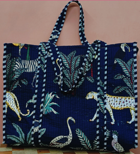 Femme bleu marine grand coton porteur matelassé ouvert sac fourre-tout bandoulière bloc à main imprimé mode Shopping accessoire - Product Image 2