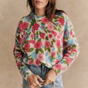 Suéter de punto con estampado Floral colorido para mujer, suéter informal de manga larga con cuello redondo, Top de moda suave y cálido para invierno y otoño - Product Image 2