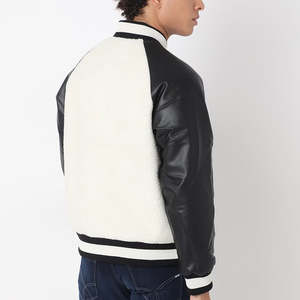 Vestes de baseball pour hommes de haute qualité en noir et blanc, tissu 100% coton, manches en cuir, col côtelé, taille oversize, veste d'hiver - Product Image 5