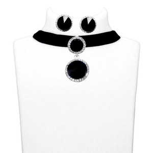 Jeweljunk Conjunto de collar de Gargantilla fina Piedra negra con baño de plata 1108705C - Product Image 1