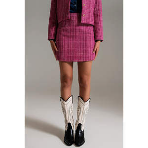 Minifalda de Tweed Rosa con Cintura Imperio de Satén, Botones y Decoración de Plumas, Estampado Vintage, Estilos Lápiz y Cruzado, Talla XS para el Trabajo - Product Image 2