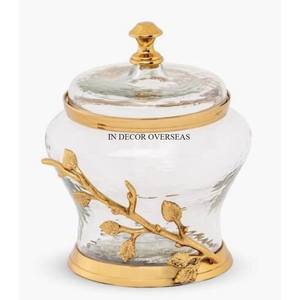 Juego único de vidrio transparente de textura elegante de 2 botes de almacenamiento de dulces y chocolates con tapa superior de diseñador de pájaros de metal de la India - Product Image 2