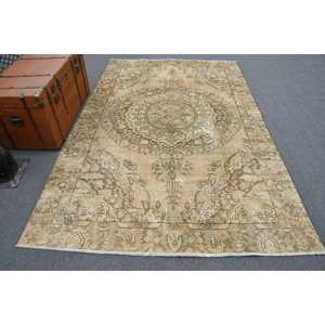 5.7x8.8 ft Turkish Rug, Vintage Large Rug, <b>Brown</b> Blue Bordered <b>Wool</b> Rug - Product Image 1