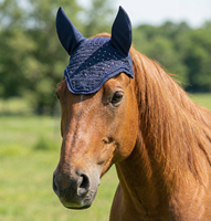 Voile anti-mouches pour cheval en crochet, certifié A+, de qualité supérieure, confortable, avec détails en sequins et bordure argentée, protège-oreilles doux, fait main, bleu marine